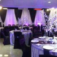 Black & white fabric backdrop with purple uplights by Designer Weddings